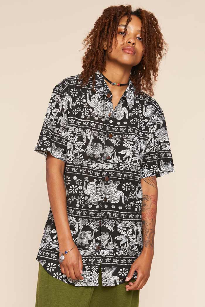Black Elephant Button Up Camp Shirt Earthbound Trading Co